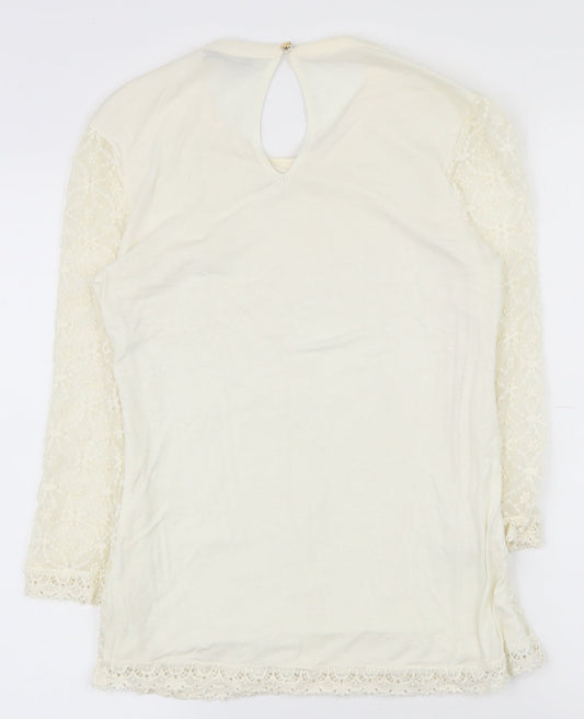 Oasis Womens Ivory Geometric Polyester Basic T-Shirt Size XS Round Neck