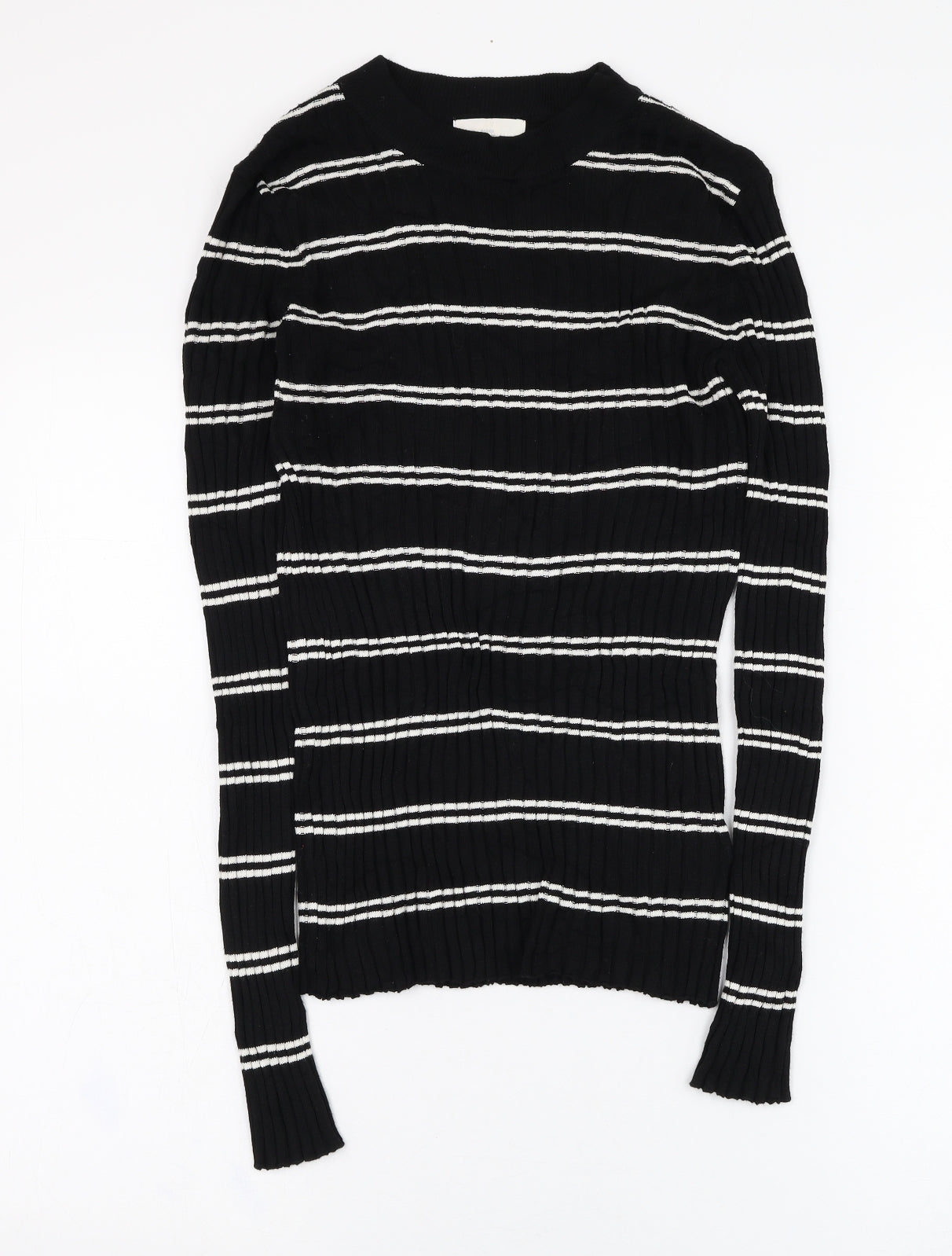 H&M Womens Black Round Neck Striped Acrylic Pullover Jumper Size S