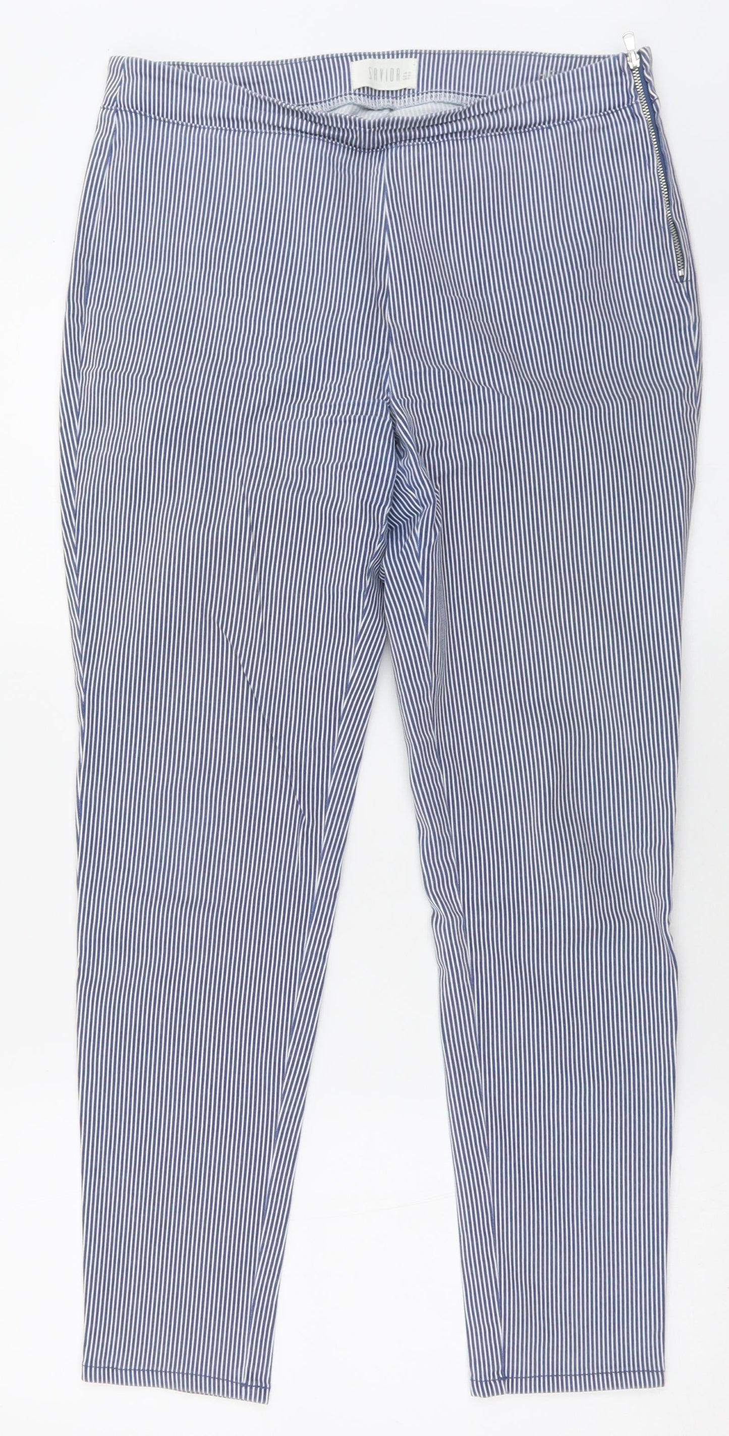 Savida Womens Blue Striped Cotton Trousers  Size 12 L28 in Regular Zip