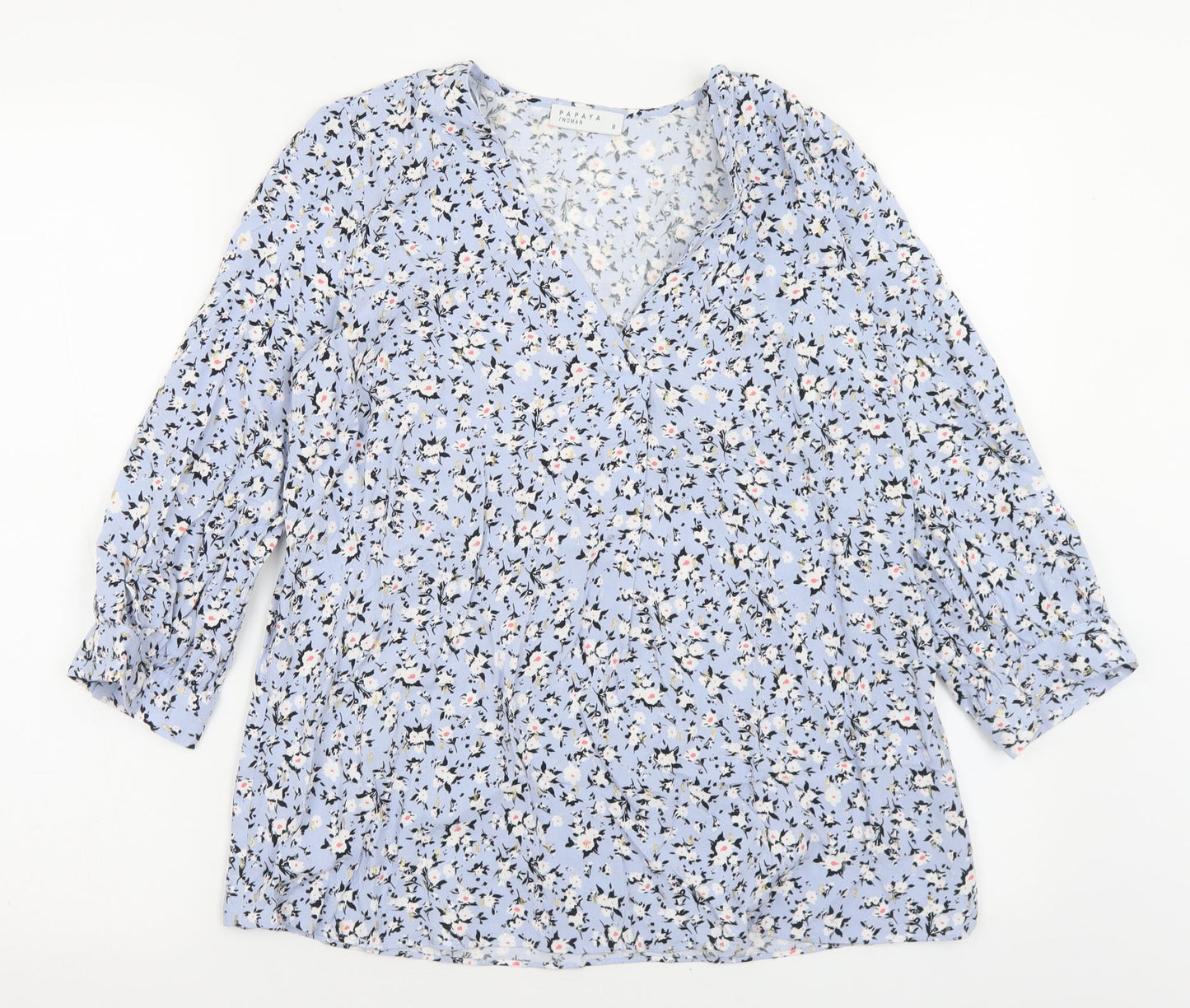 Papaya Womens Blue Floral Viscose Basic Blouse Size 8 V-Neck