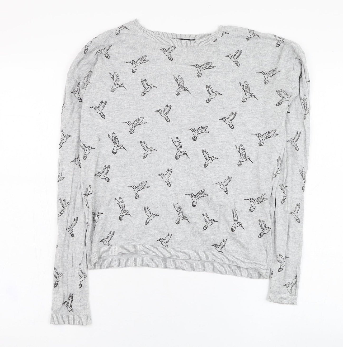 New Look Womens Grey Round Neck  Cotton Pullover Jumper Size 8   - Bird