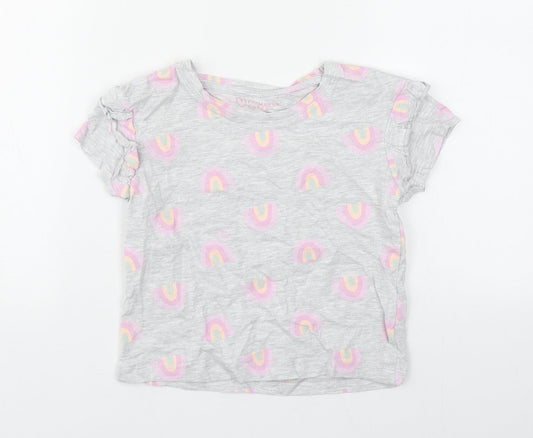 Primark Girls Grey Geometric Cotton Basic T-Shirt Size 6-7 Years Round Neck Push Lock