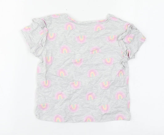 Primark Girls Grey Geometric Cotton Basic T-Shirt Size 6-7 Years Round Neck Push Lock