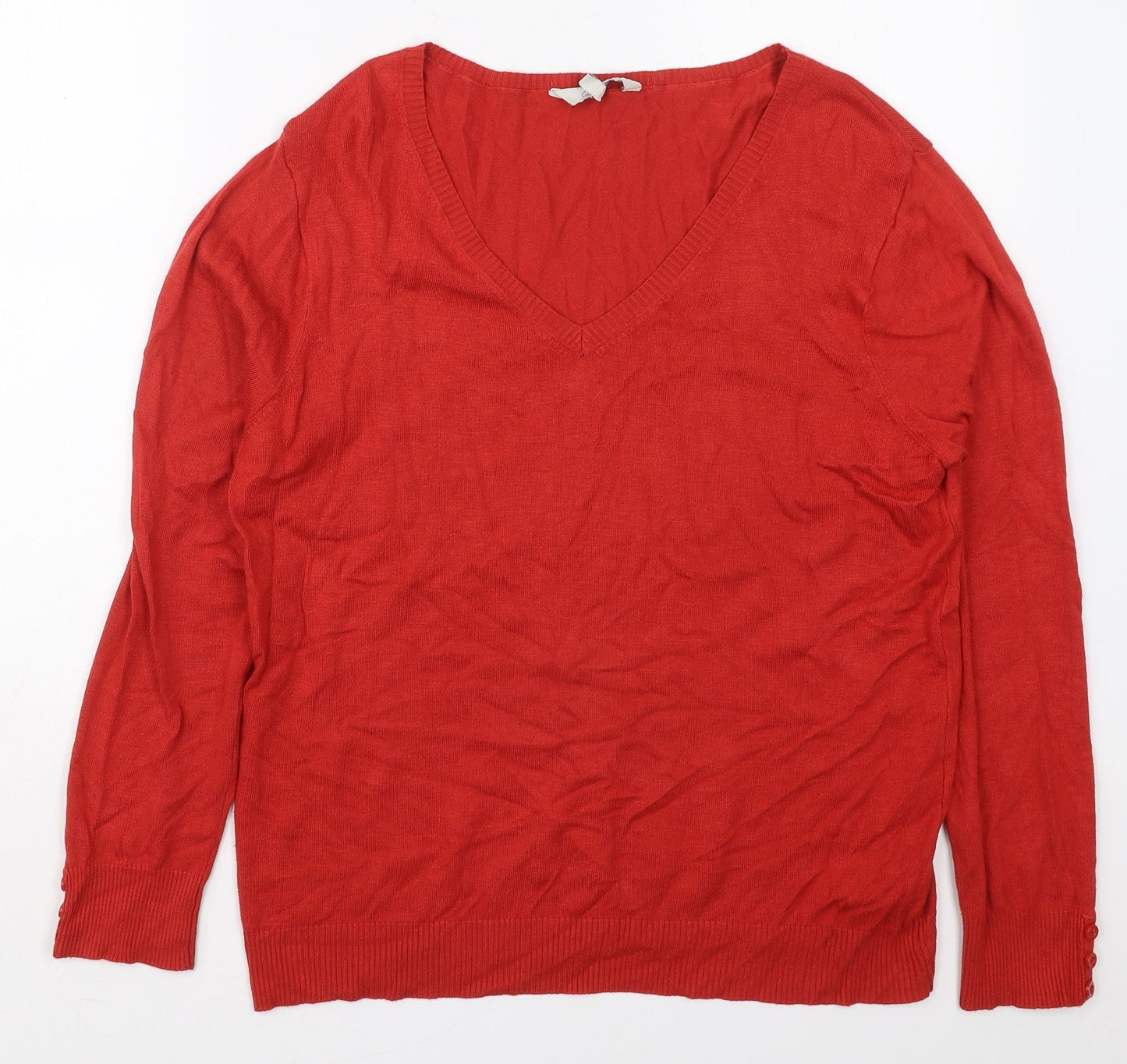 Peacocks Womens Red V-Neck  Acrylic Pullover Jumper Size 16