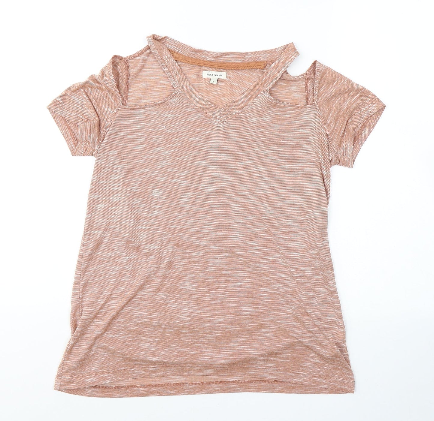 River Island Womens Beige  Cotton Basic T-Shirt Size 6 Round Neck - Cold Shoudler