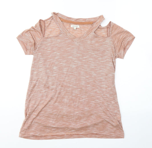 River Island Womens Beige  Cotton Basic T-Shirt Size 6 Round Neck - Cold Shoudler