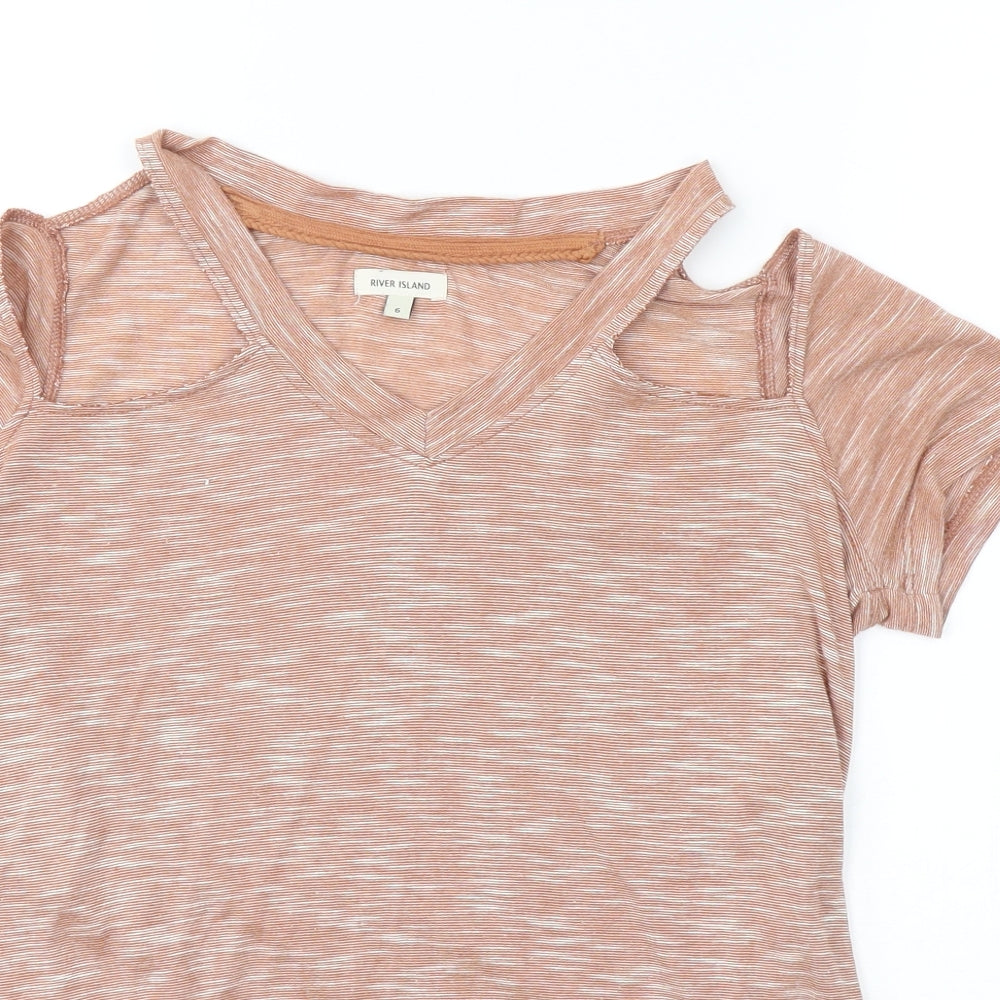 River Island Womens Beige  Cotton Basic T-Shirt Size 6 Round Neck - Cold Shoudler
