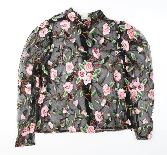ASOS Womens Black Floral Polyester Basic Blouse Size 4 Round Neck