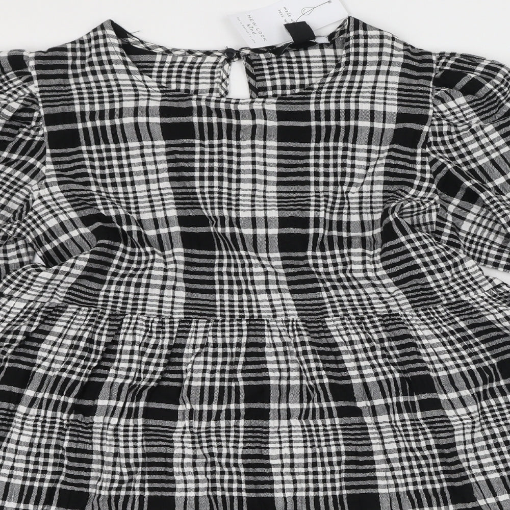 New Look Womens Black Plaid Cotton Fit & Flare  Size 6  Round Neck