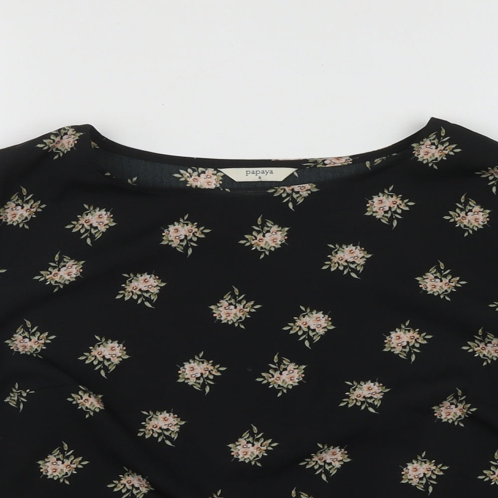 Papaya Womens Black Floral Polyester Basic Blouse Size 8 Round Neck