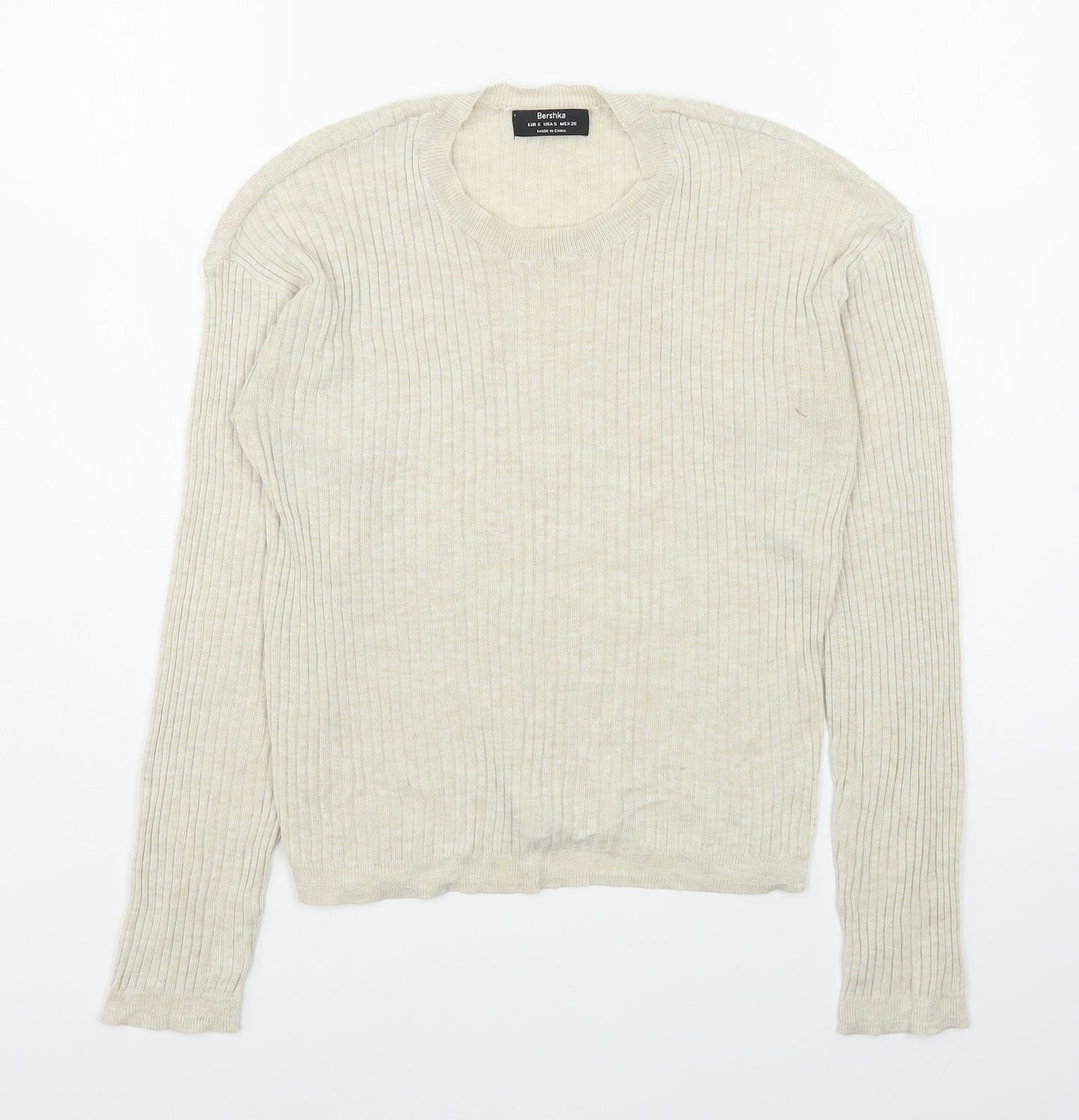 Bershka Womens Beige Round Neck  Polyester Pullover Jumper Size S