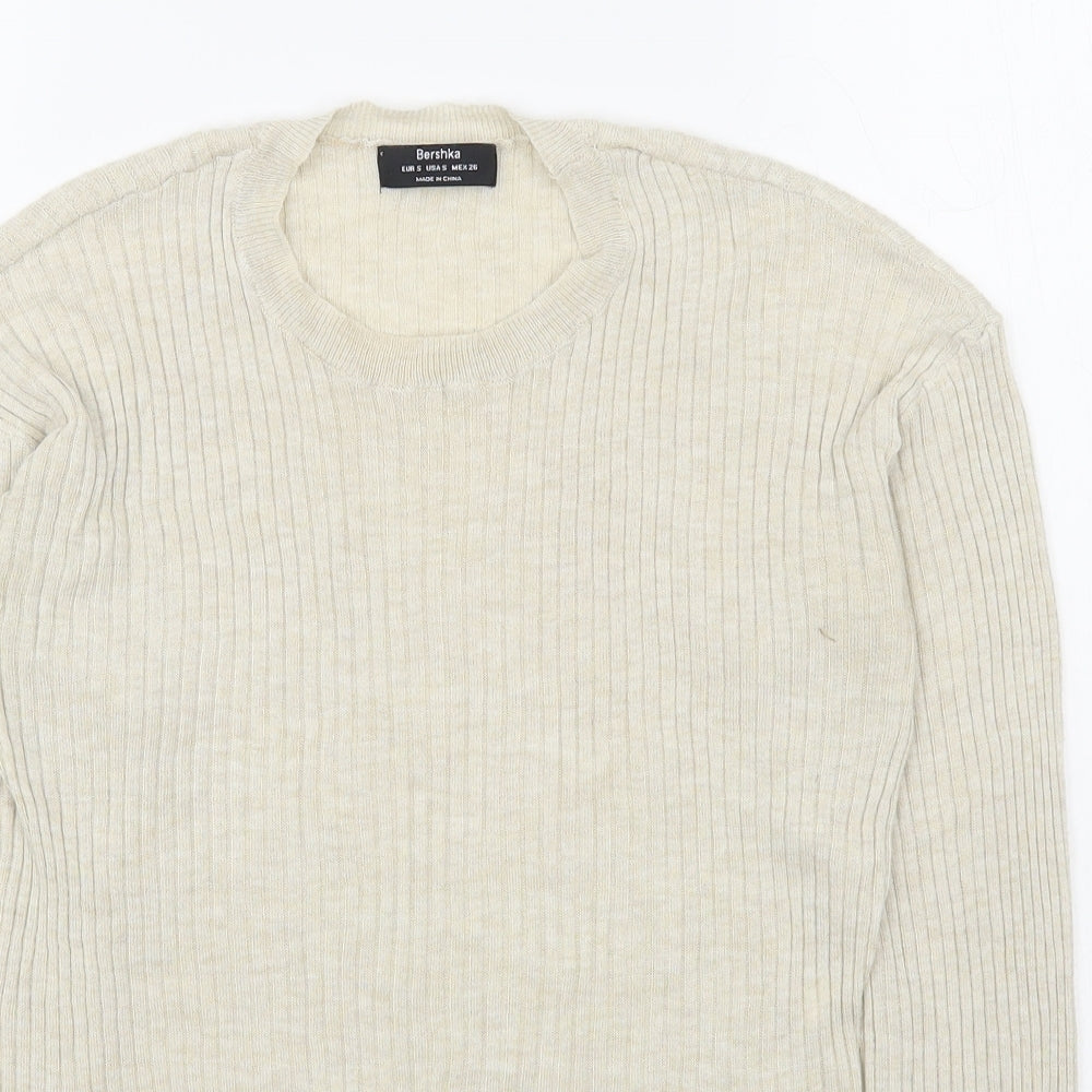 Bershka Womens Beige Round Neck  Polyester Pullover Jumper Size S