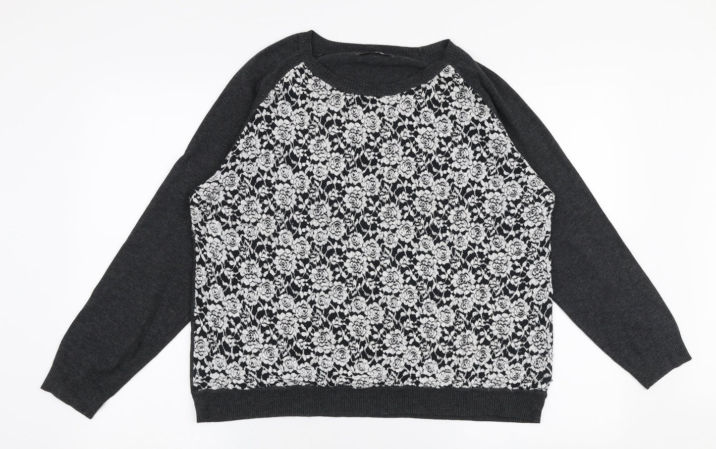 Marks and Spencer Womens Grey Round Neck Floral Polyester Pullover Jumper Size 14