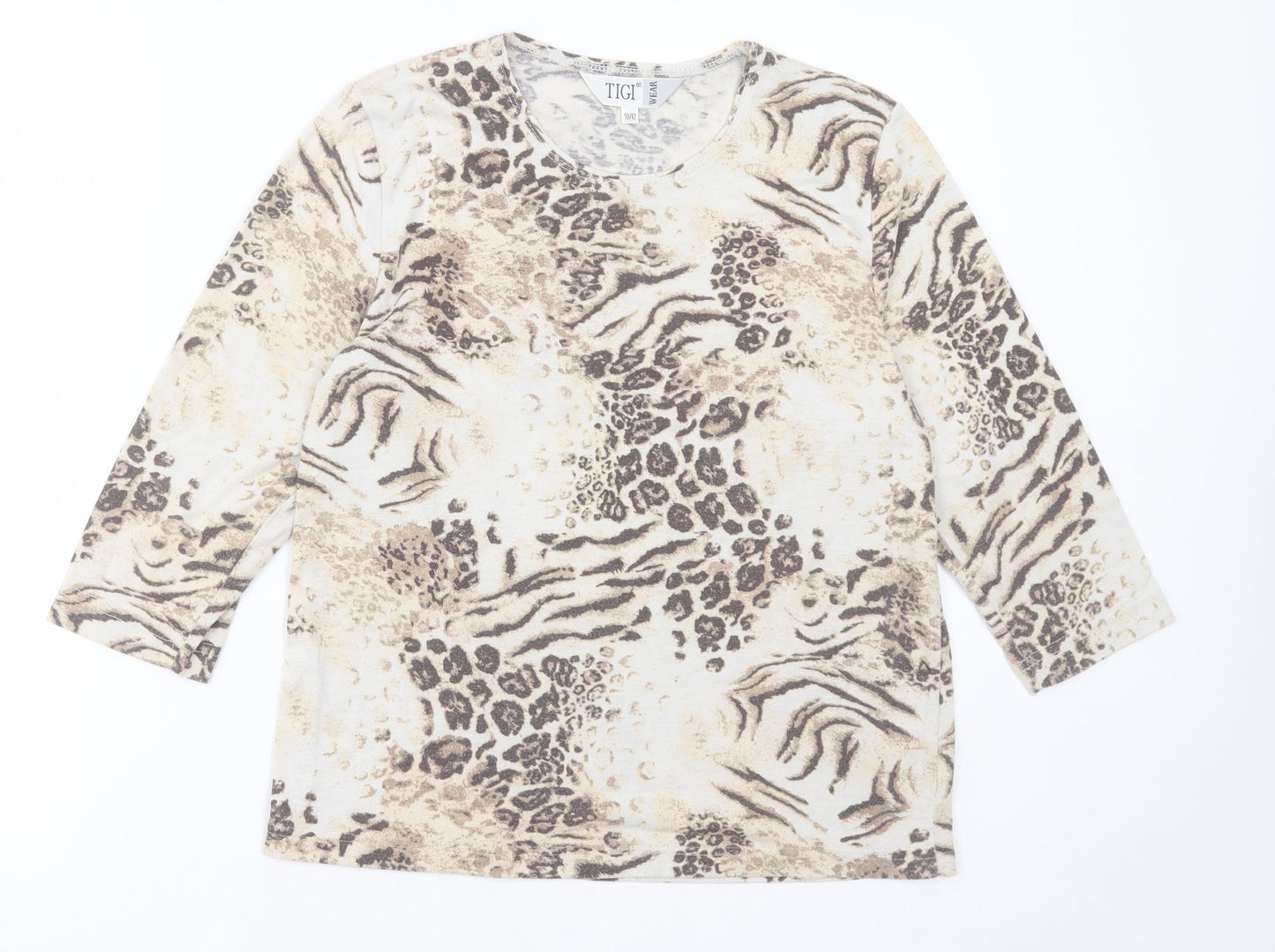 TIGI Womens Brown Animal Print Polyester Basic T-Shirt Size 10 Crew Neck