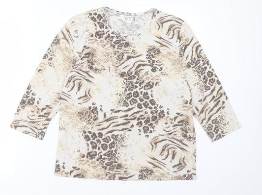 TIGI Womens Brown Animal Print Polyester Basic T-Shirt Size 10 Crew Neck