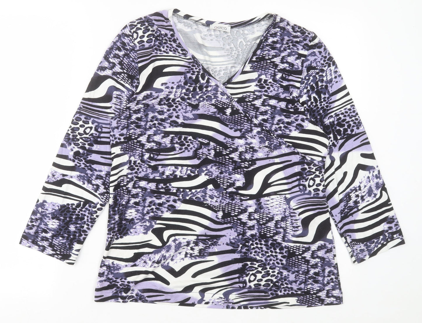 Gelco Womens Purple Animal Print Polyester Basic T-Shirt Size 12 V-Neck