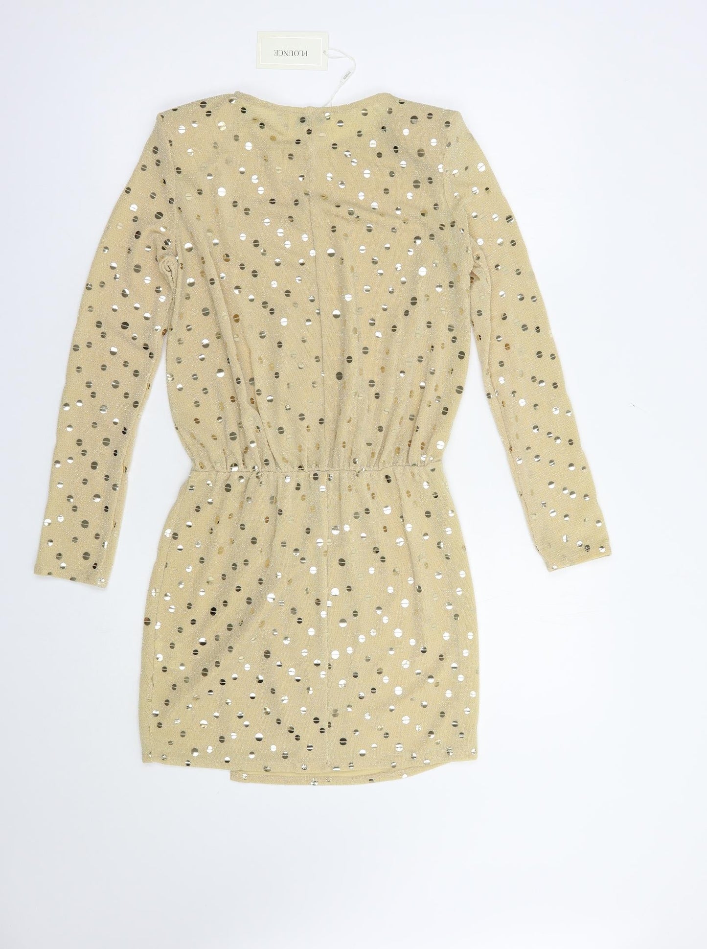 Flounce Womens Beige Polka Dot Polyamide Fit & Flare  Size 8  Crew Neck Pullover