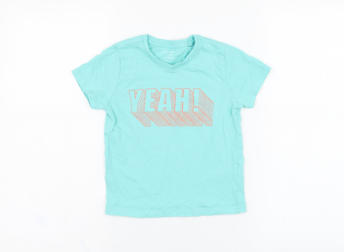 Primark Boys Blue  Cotton Basic T-Shirt Size 3-4 Years Round Neck Pullover - Yeah