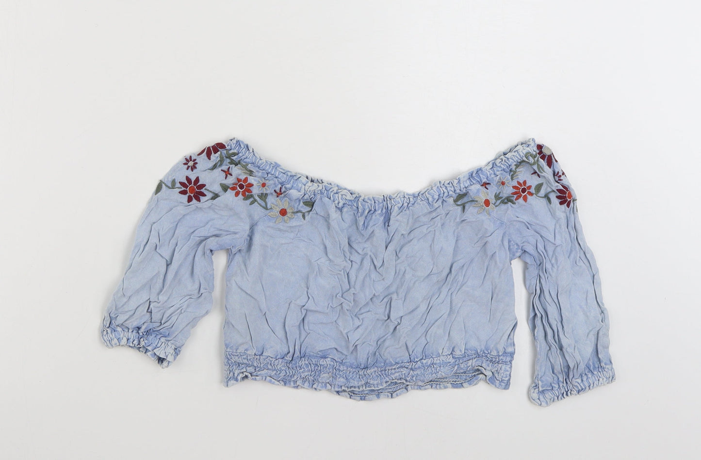 New Look Womens Blue Floral Viscose Basic Blouse Size 8 Boat Neck