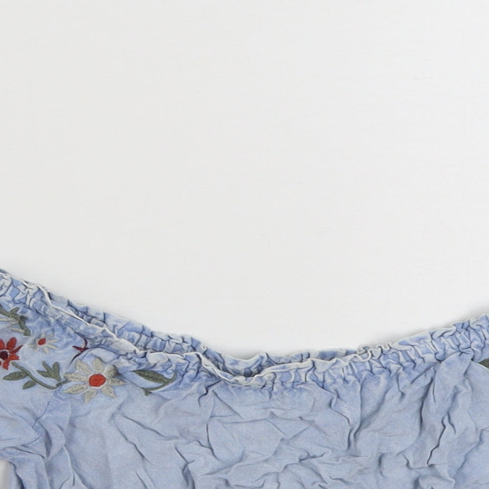 New Look Womens Blue Floral Viscose Basic Blouse Size 8 Boat Neck