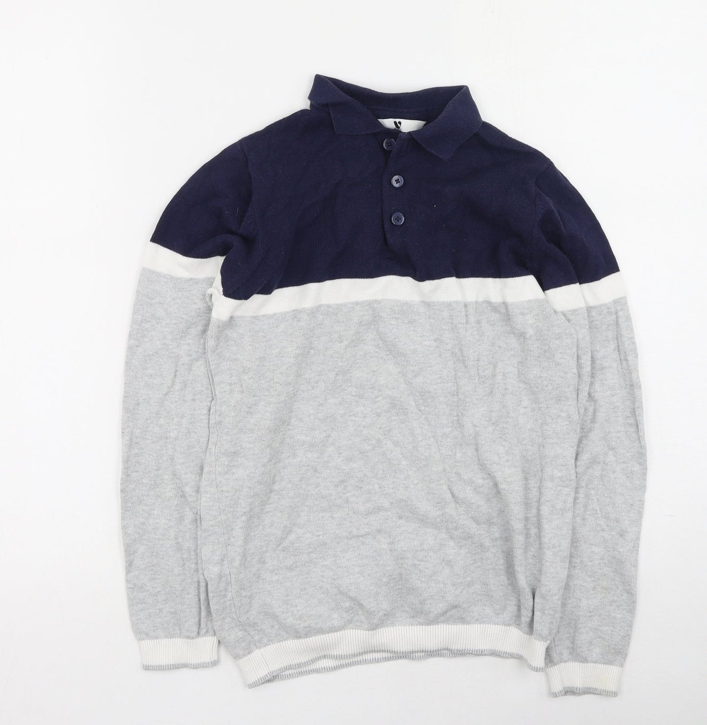 Very Boys Grey Collared Striped Cotton Pullover Jumper Size 11 Years