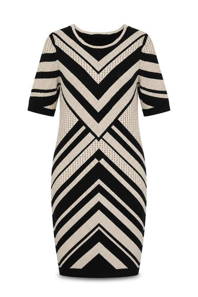 Belle Vere Womens Beige Geometric Viscose Bodycon  Size S  Round Neck