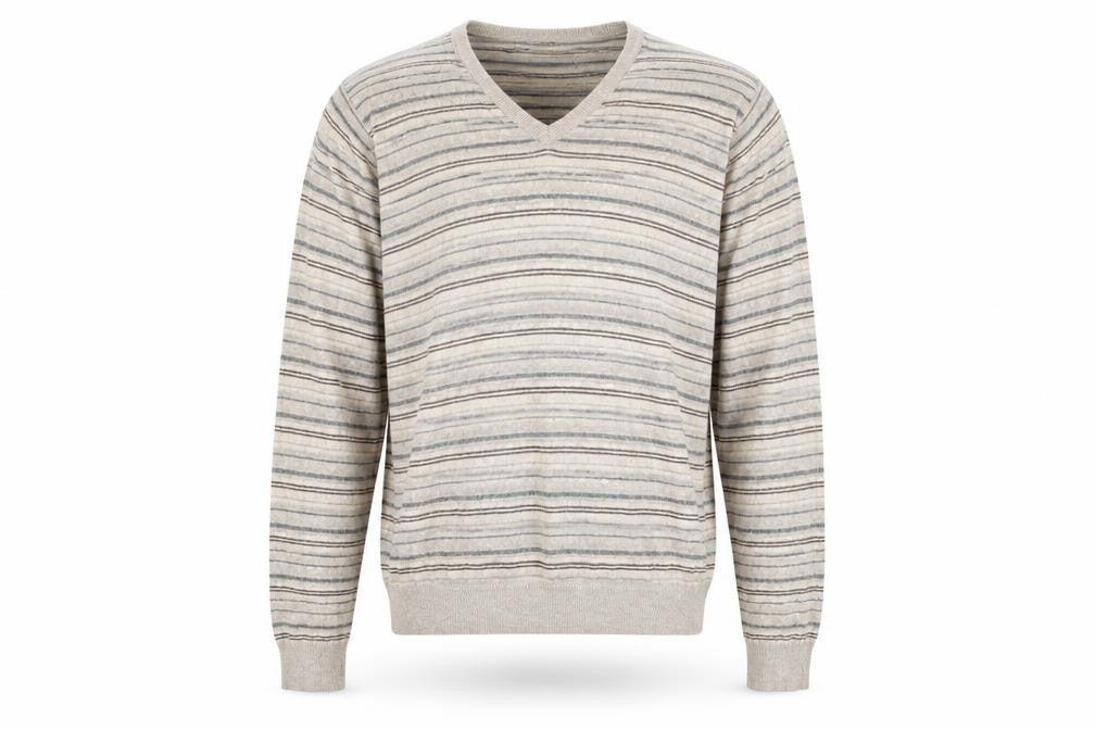 Marks and Spencer Mens Beige V-Neck Striped Viscose Pullover Jumper Size L