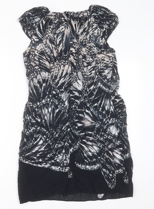 Dorothy Perkins Womens Black Geometric Viscose A-Line  Size 12  Crew Neck Zip