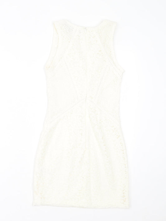 Topshop Womens White  Nylon Bodycon  Size 6  Crew Neck Zip