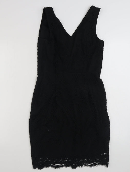 NEXT Womens Black Floral Polyester Shift  Size 8  V-Neck Zip