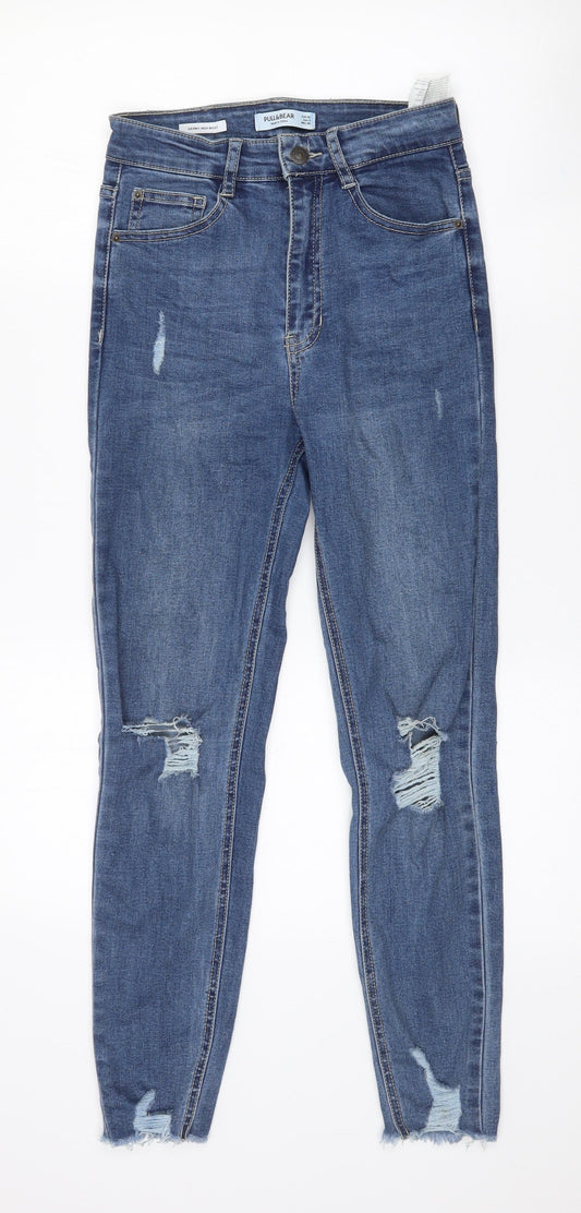 Pull&Bear Womens Blue  Cotton Skinny Jeans Size 8 L26 in Slim Zip - Ripped