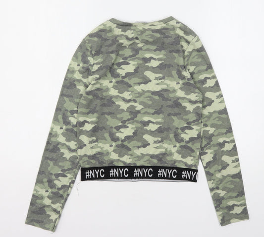 Primark Girls Green Camouflage Cotton Cropped T-Shirt Size 14-15 Years Round Neck