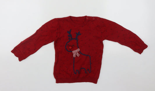 George Boys Red  Cotton Pullover Jumper Size 12-18 Months  Button - Rudolph Christmas Jumper