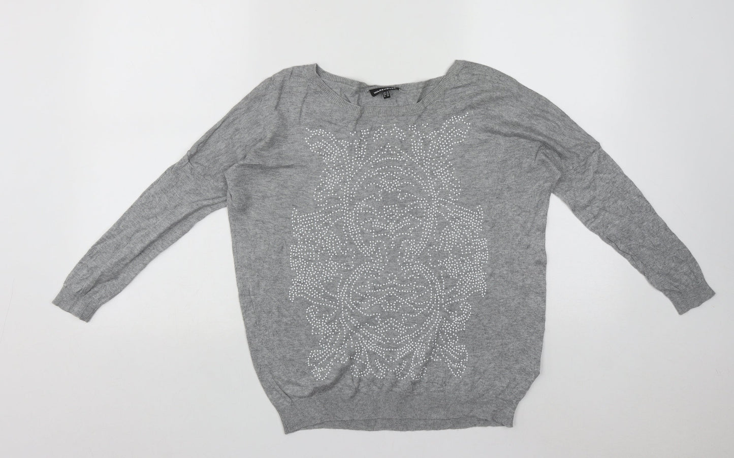 Warehouse Womens Grey Round Neck Geometric Viscose Pullover Jumper Size 10