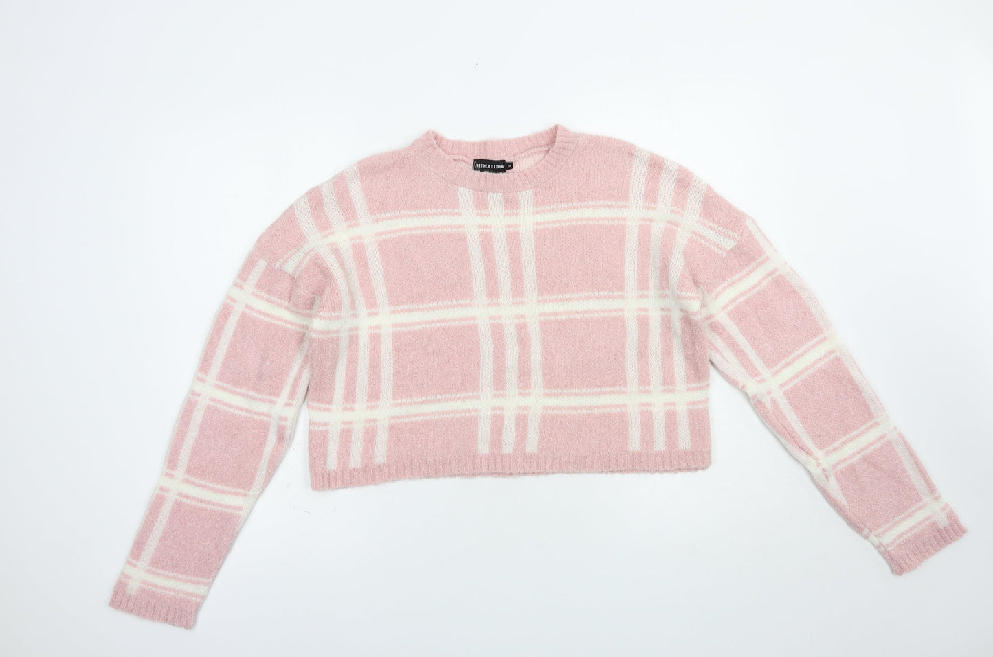 PRETTYLITTLETHING Womens Pink Crew Neck Check Acrylic Pullover Jumper Size M