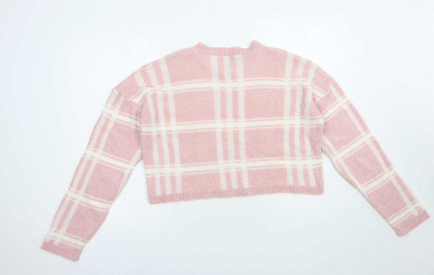 PRETTYLITTLETHING Womens Pink Crew Neck Check Acrylic Pullover Jumper Size M