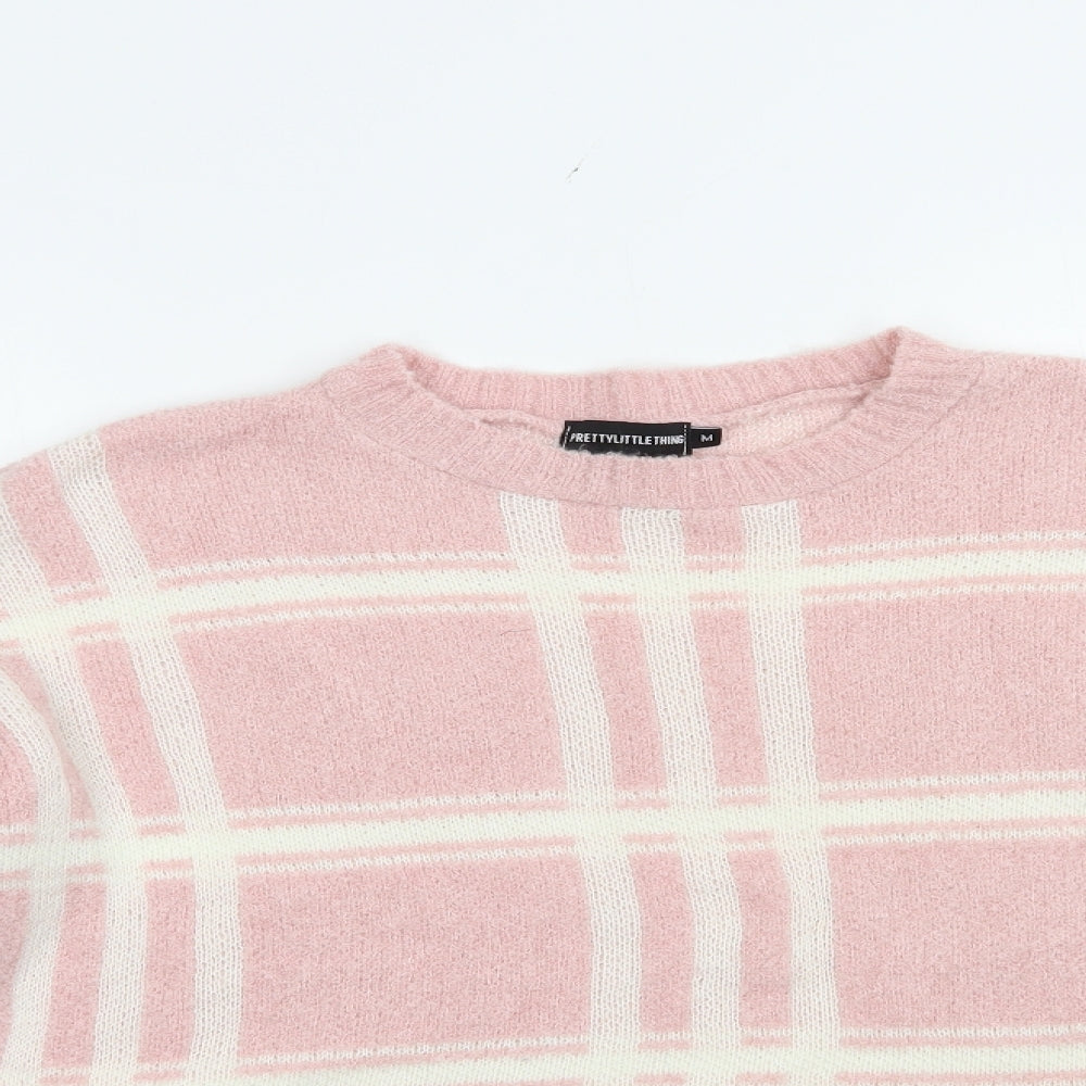 PRETTYLITTLETHING Womens Pink Crew Neck Check Acrylic Pullover Jumper Size M