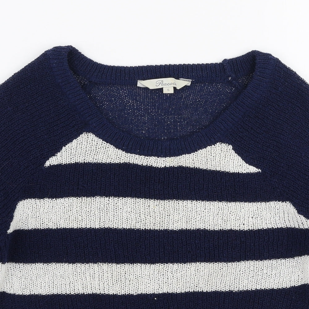 Peacocks Womens Blue Round Neck Striped Polyester Pullover Jumper Size S