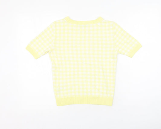 Marks and Spencer Womens Yellow Plaid Viscose Basic T-Shirt Size 8 Round Neck