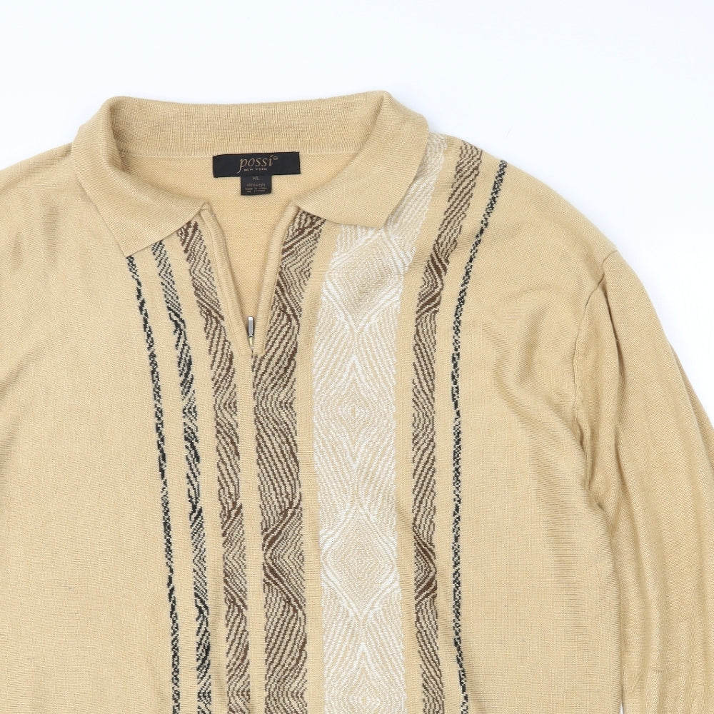 Possi Mens Brown Collared Striped Acrylic Pullover Jumper Size XL