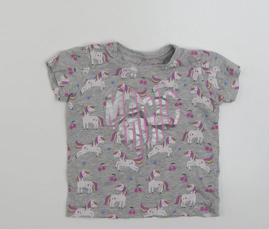 Primark Girls Grey  Cotton Basic T-Shirt Size 5-6 Years Crew Neck Pullover - Unicorn -Magic