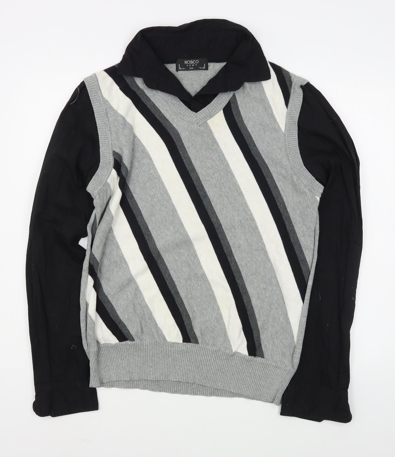 Nobco Mens Grey Collared Striped Acrylic Pullover Jumper Size 2XL
