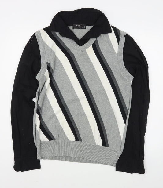 Nobco Mens Grey Collared Striped Acrylic Pullover Jumper Size 2XL