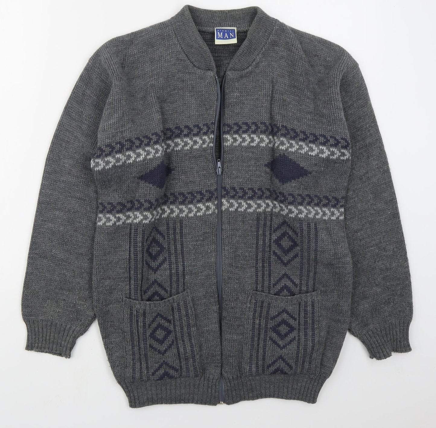 Premier Man Mens Grey V-Neck Geometric Acrylic Full Zip Jumper Size S