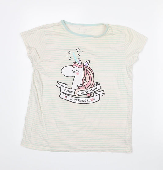 Primark Girls Ivory Striped Cotton Basic T-Shirt Size 11-12 Years Crew Neck  - Unicorn print