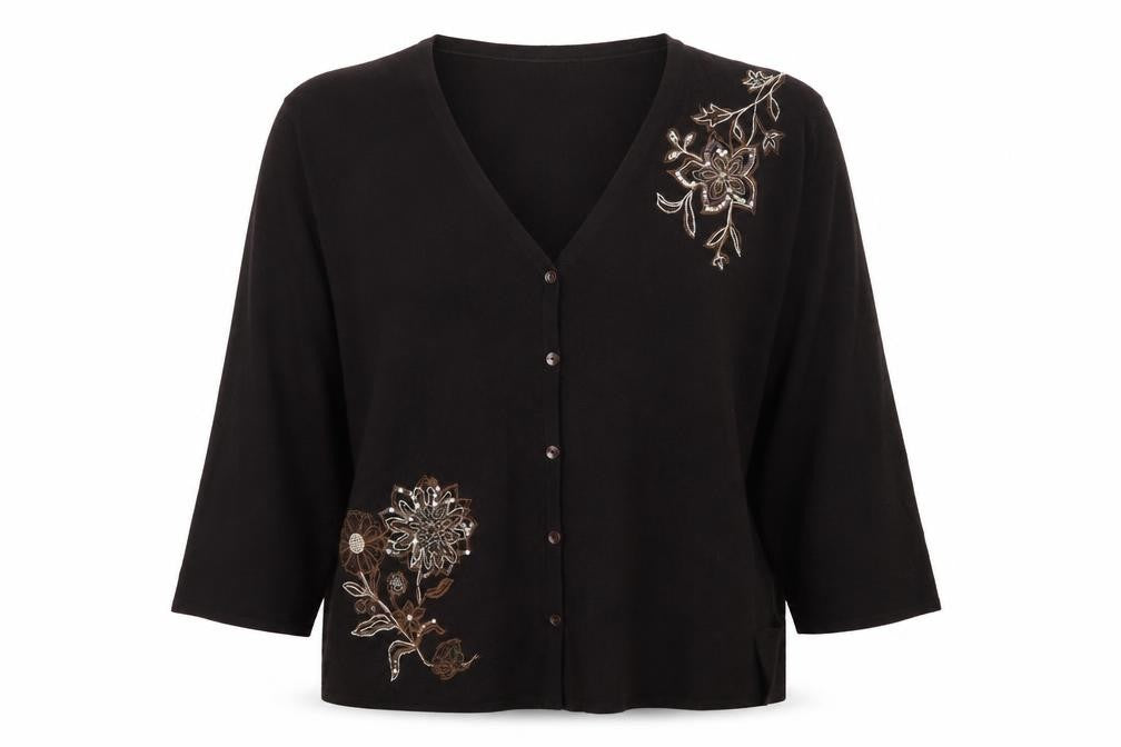 ELVI Womens Brown V-Neck Floral Acrylic Cardigan Jumper Size M