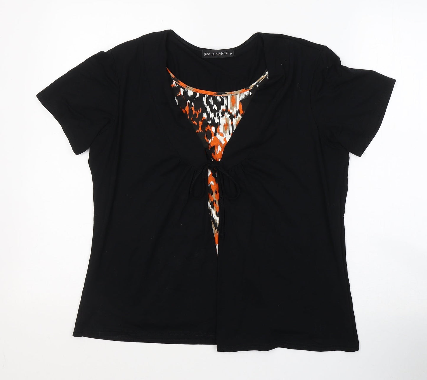 JUST ELEGANCE Womens Black Geometric Viscose Basic T-Shirt Size 14 Round Neck