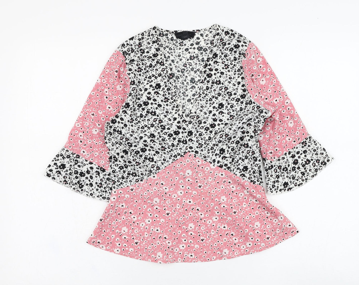 Wednesday's Girl Womens Pink Floral Polyester Basic Blouse Size S V-Neck