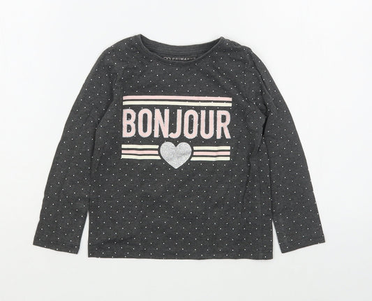 Primark Girls Grey Polka Dot Cotton Basic T-Shirt Size 3-4 Years Round Neck Pullover