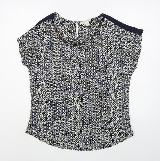 Monsoon Womens Blue Geometric Viscose Basic Blouse Size 14 Scoop Neck